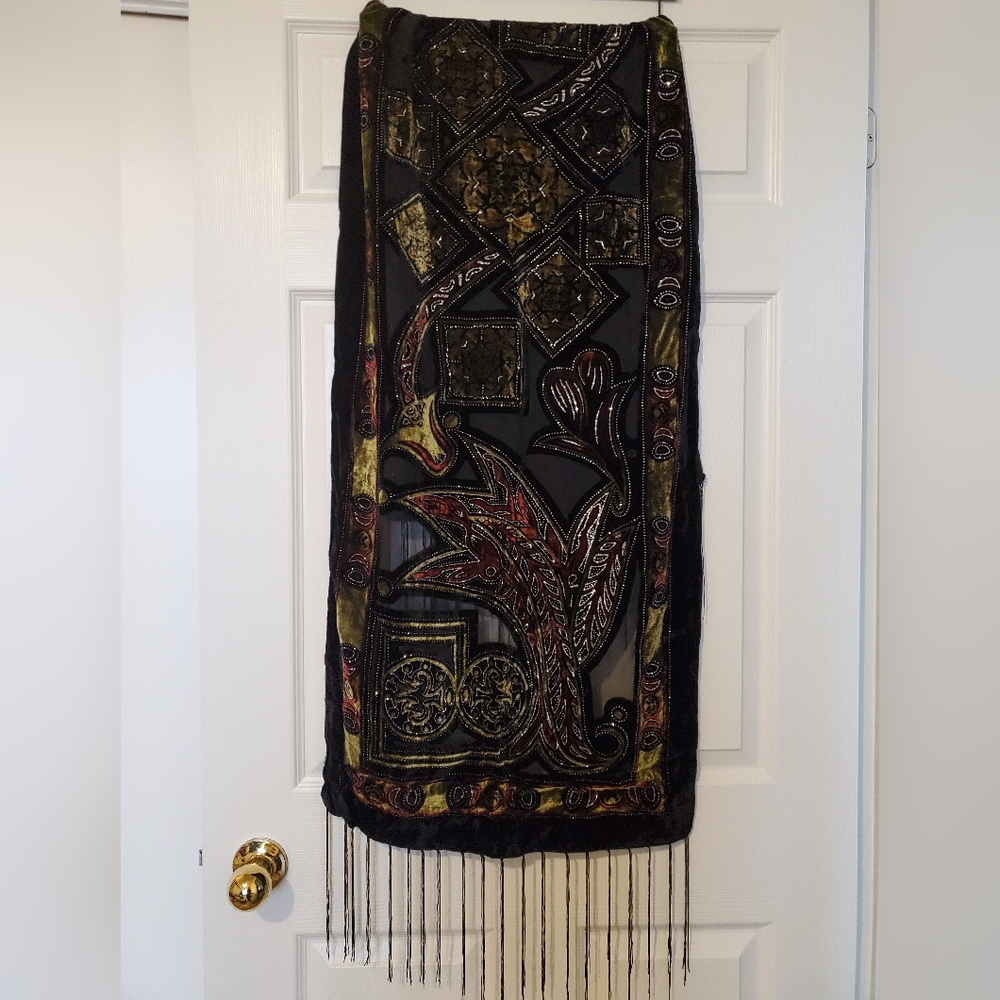 Embroidered Black Scarf with Fringe - New Vintage (2007)